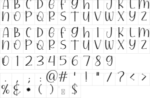 Mapa de caracteres da fonte Amore Font Font
