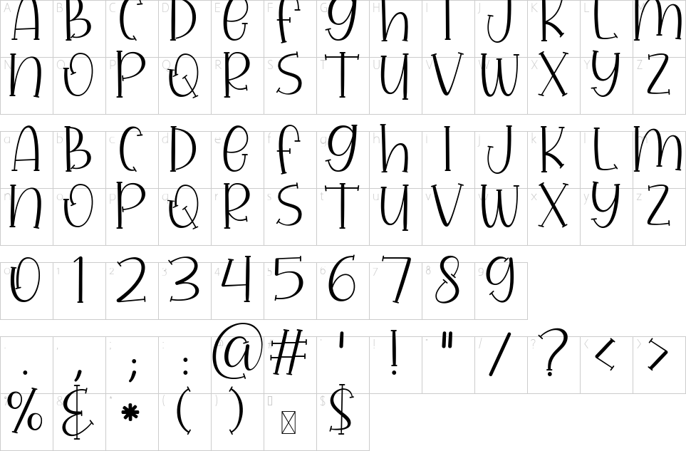 Mapa de caracteres da fonte Amore Font Font