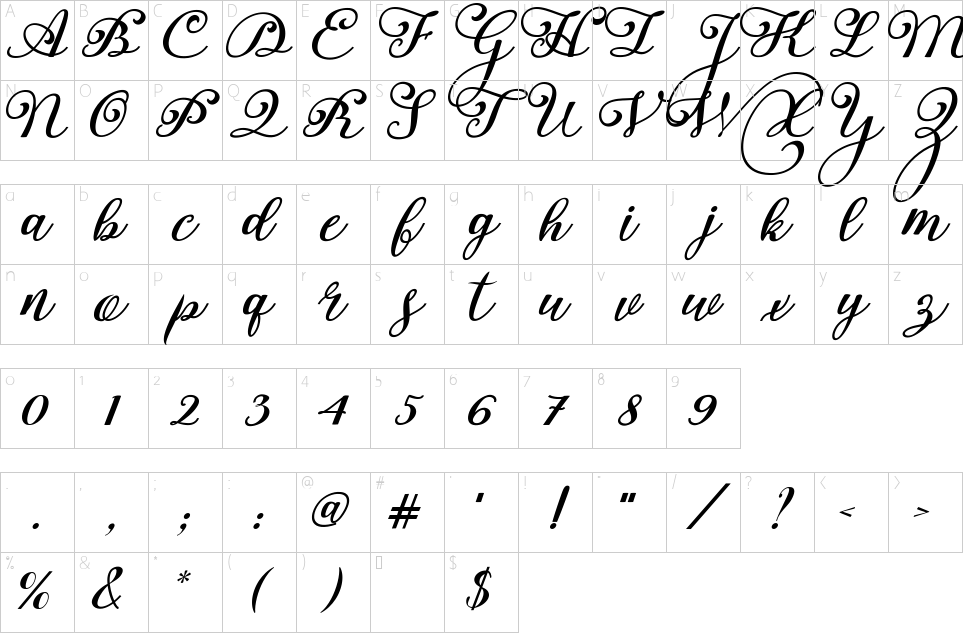 Mapa de caracteres da fonte Anastasia Font