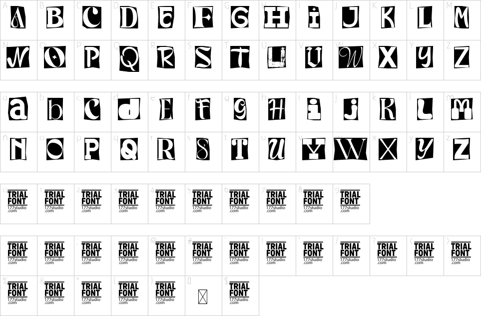 Mapa de caracteres da fonte Anatomy History Font