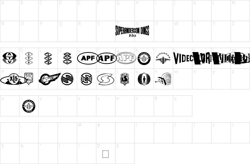 Mapa de caracteres da fonte Anderson Dings 1 Font