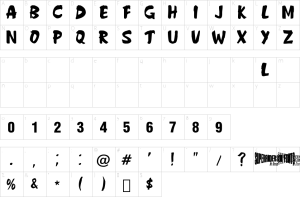 Mapa de caracteres da fonte Anderson Fireball XL5 Font