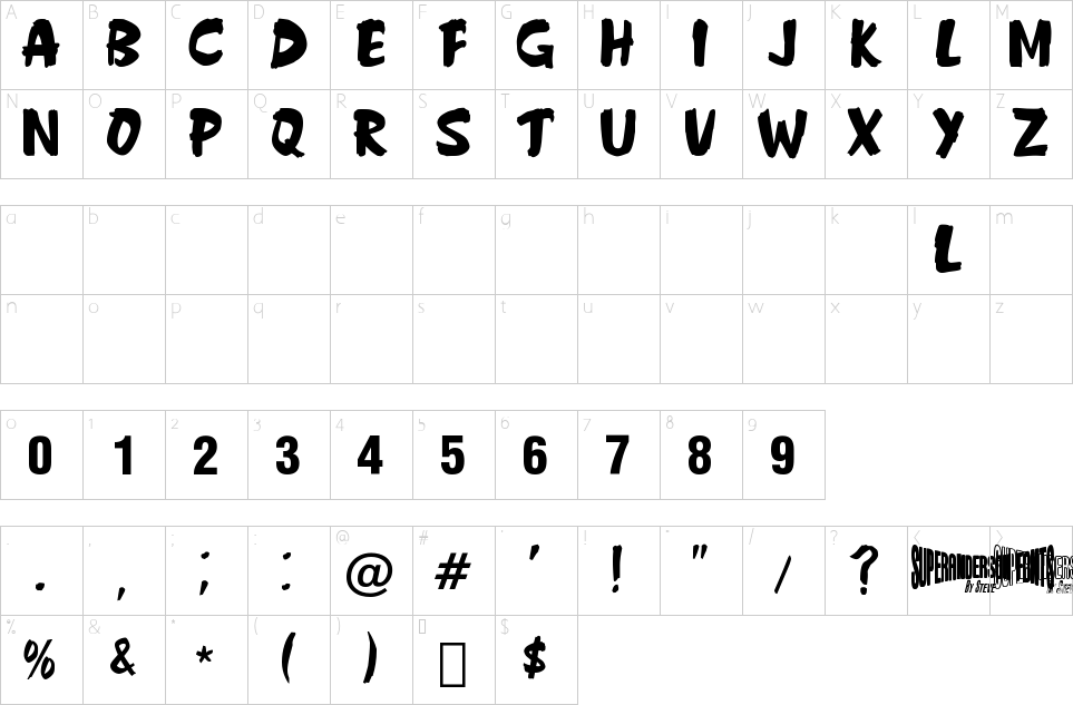 Mapa de caracteres da fonte Anderson Fireball XL5 Font