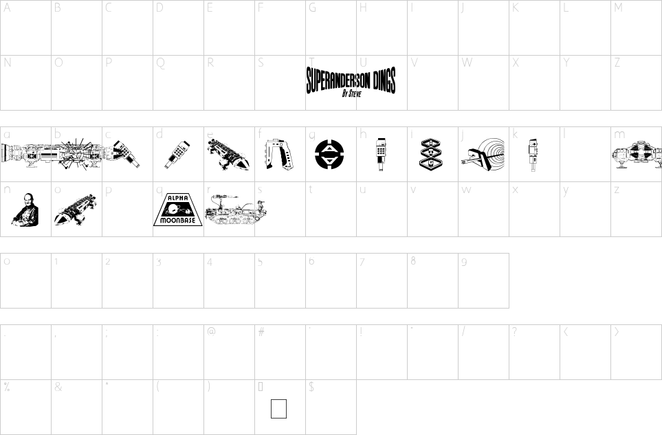 Mapa de caracteres da fonte Anderson Space 1999 Dings Font