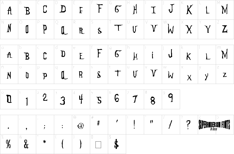 Mapa de caracteres da fonte Anderson The Mysteron Font