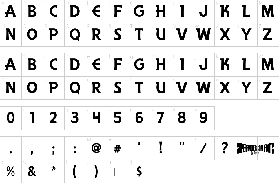 Mapa de caracteres da fonte Anderson The Secret Service Font