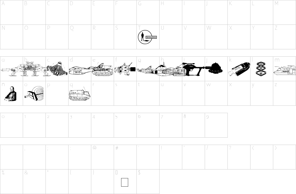 Mapa de caracteres da fonte Anderson UFO Font