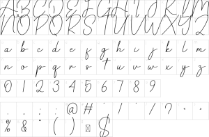 Mapa de caracteres da fonte Angelica Signature Font