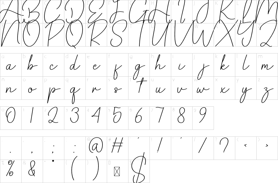 Mapa de caracteres da fonte Angelica Signature Font