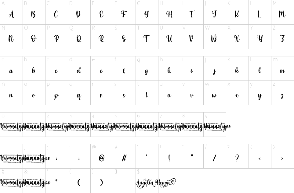 Mapa de caracteres da fonte Angelin Heart Font