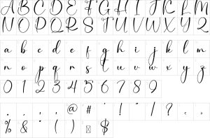 Mapa de caracteres da fonte Angelina Signature Font