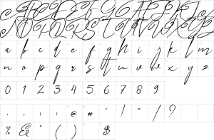 Mapa de caracteres da fonte Angers Script Font