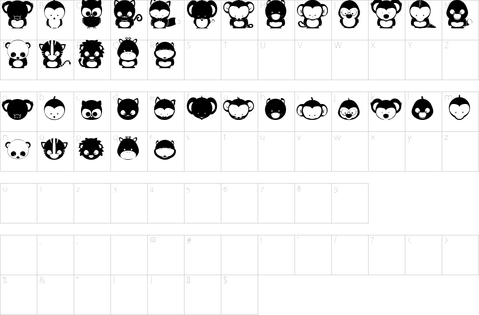Mapa de caracteres da fonte Animox Font