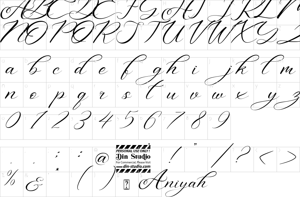 Mapa de caracteres da fonte Aniyah Font