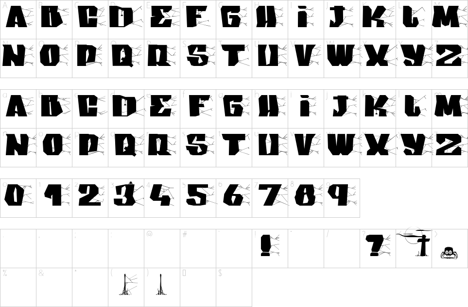 Mapa de caracteres da fonte Arakphobia Font