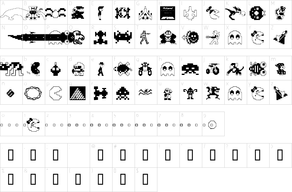 Mapa de caracteres da fonte Arcade Font