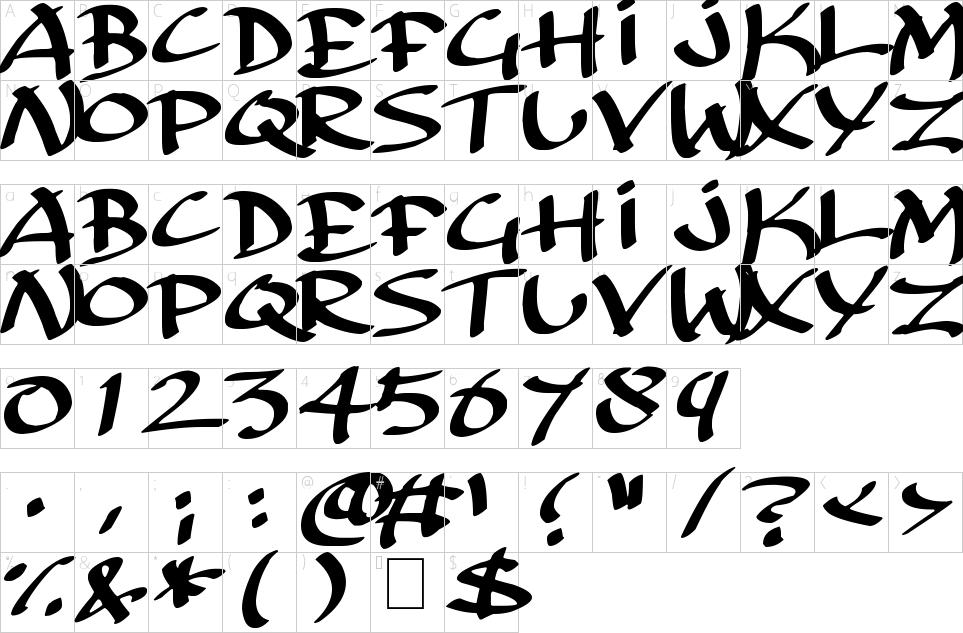 Mapa de caracteres da fonte Archaic Asian Inks Font