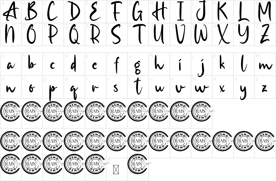 Mapa de caracteres da fonte Ariella Hailey Font