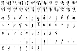 Mapa de caracteres da fonte Art Valentine Font