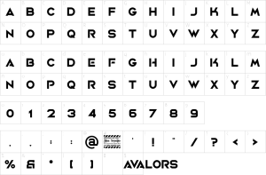 Mapa de caracteres da fonte Avalors Font