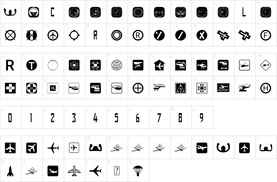 Mapa de caracteres da fonte Aviation Font