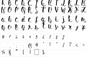 Mapa de caracteres da fonte Baley Sun Font