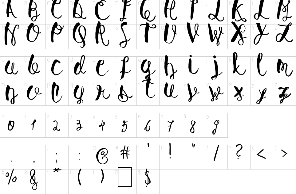 Mapa de caracteres da fonte Baley Sun Font