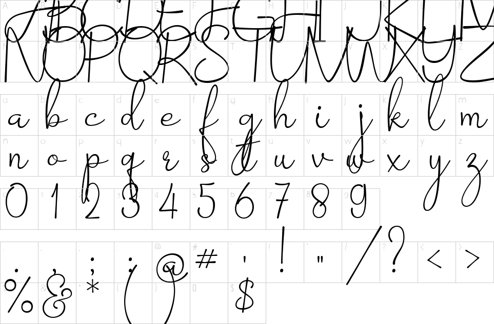 Mapa de caracteres da fonte Barokah Signature Font