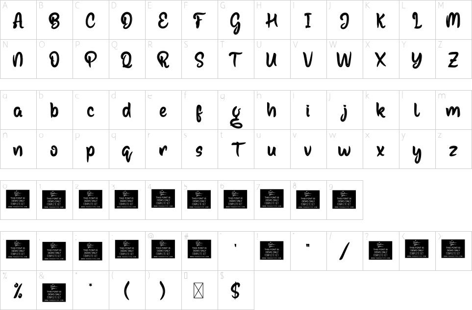 Mapa de caracteres da fonte Basting Font