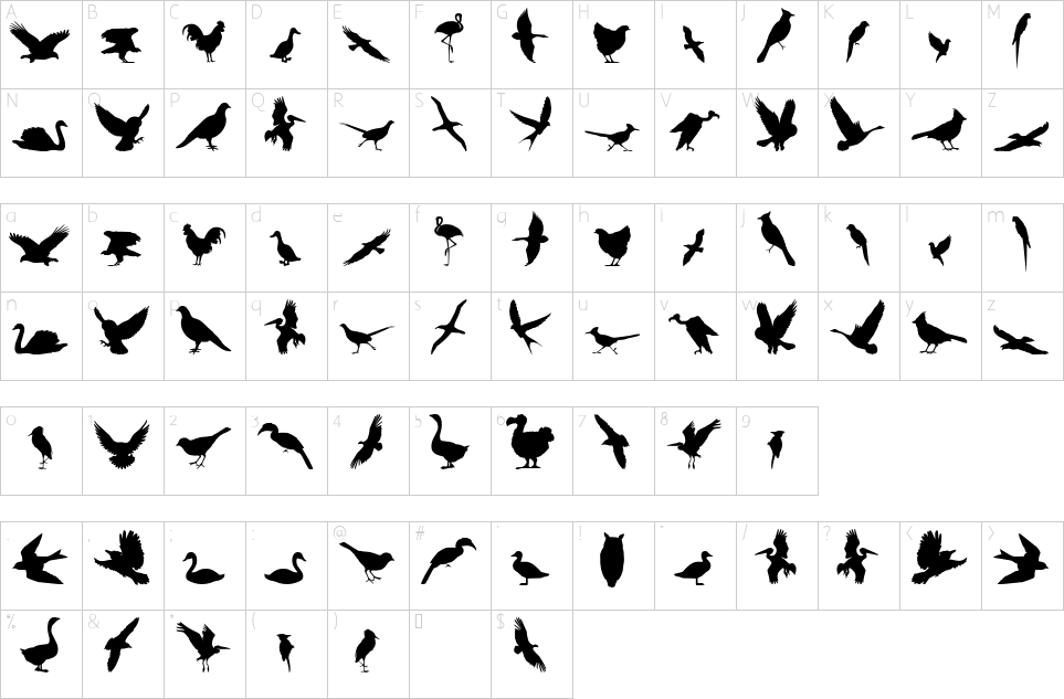 Mapa de caracteres da fonte Birds Of A Feather Font