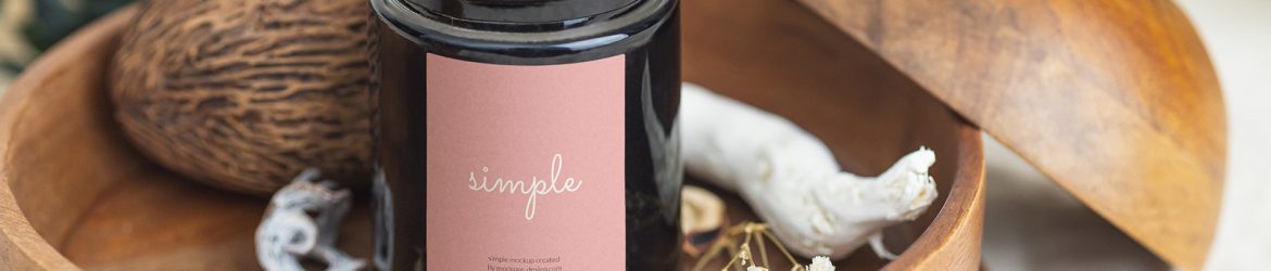 Black candle on wooden tray mockup