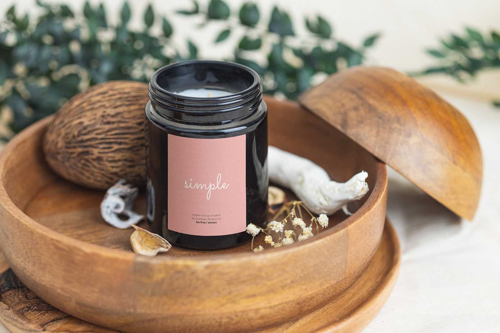 Black candle on wooden tray mockup