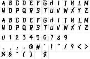 Mapa de caracteres da fonte Blame Font