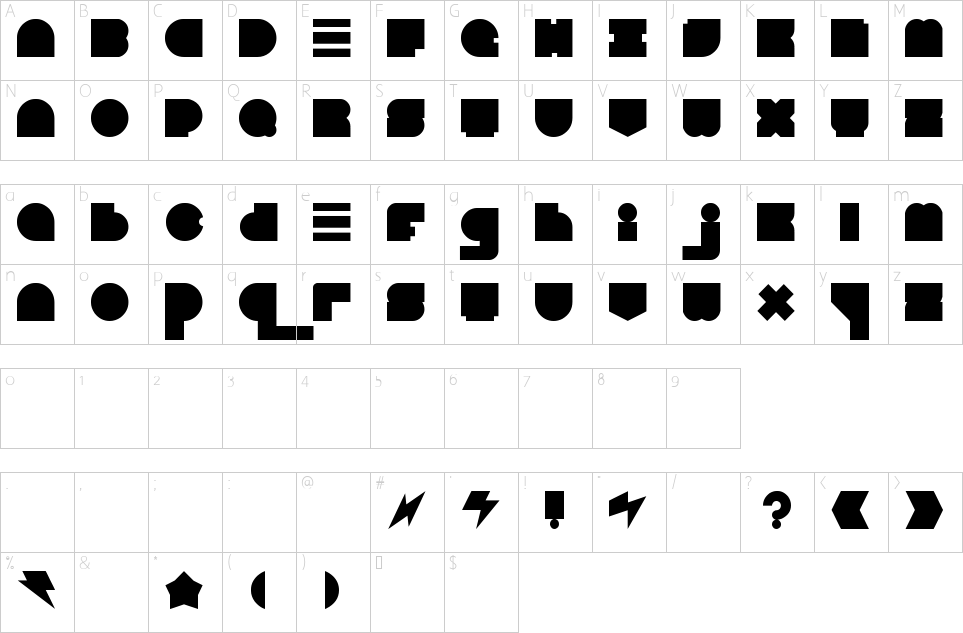 Mapa de caracteres da fonte Blast Beat Font
