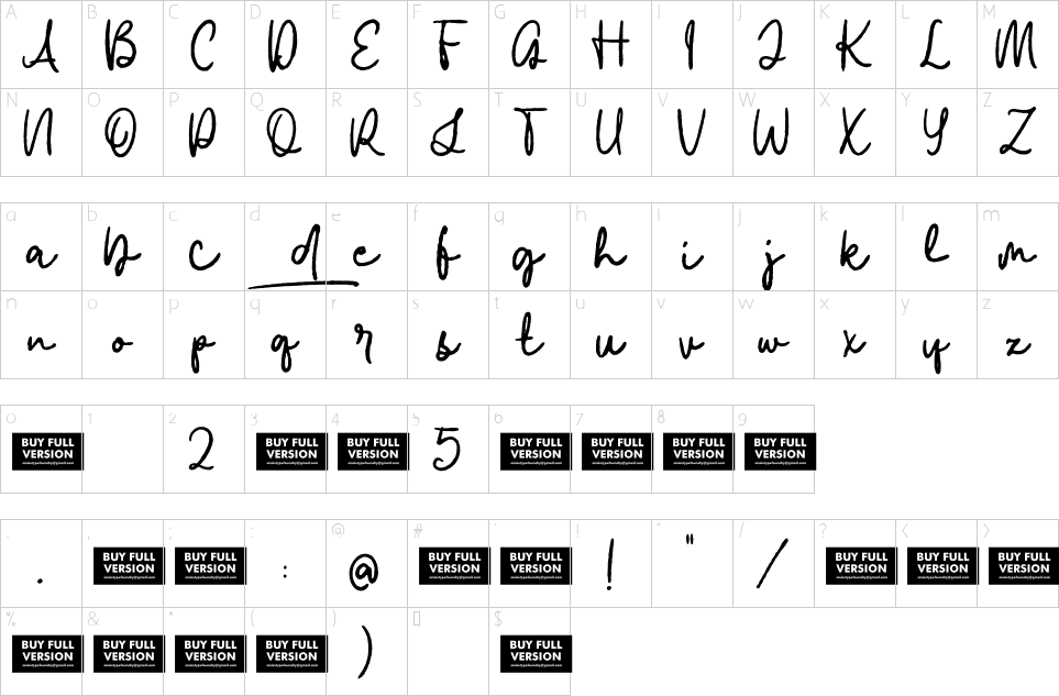 Mapa de caracteres da fonte Blowing Trumpet Font