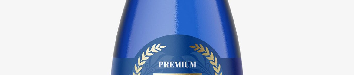 Blue glass bottle with mineral water mockup