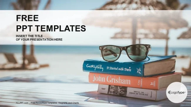 Books on beach table PowerPoint Templates