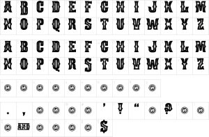 Mapa de caracteres da fonte Boots & Spurs Font