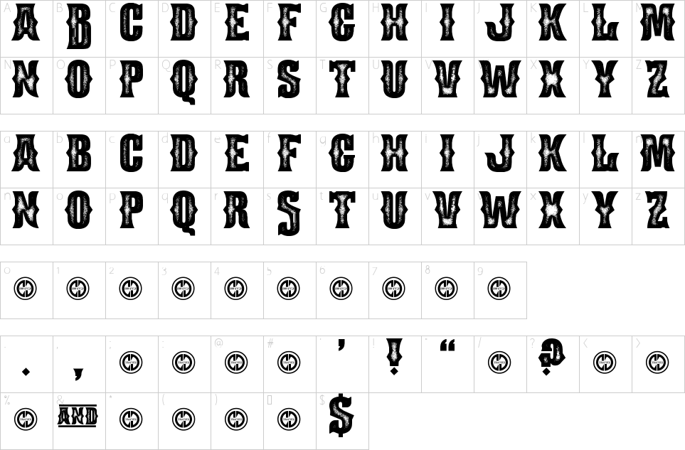 Mapa de caracteres da fonte Boots & Spurs Font