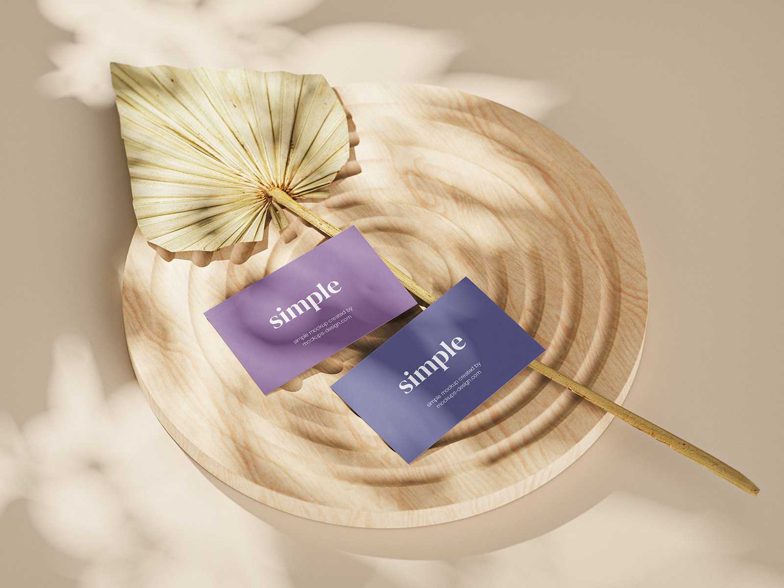 Business cards mockup on wooden ornament