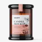 Candle in amber glass jar mockup