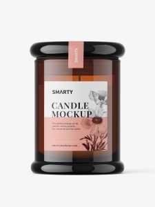 Candle in amber glass jar mockup