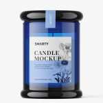 Candle in blue glass jar mockup