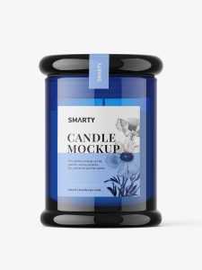 Candle in blue glass jar mockup