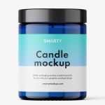 Candle in blue glass jar mockup
