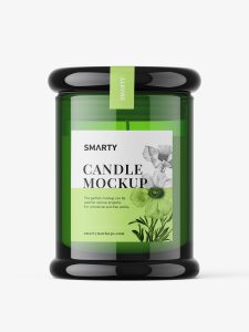 Candle in green glass jar mockup