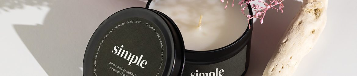 Candle in tin jar on light background mockup