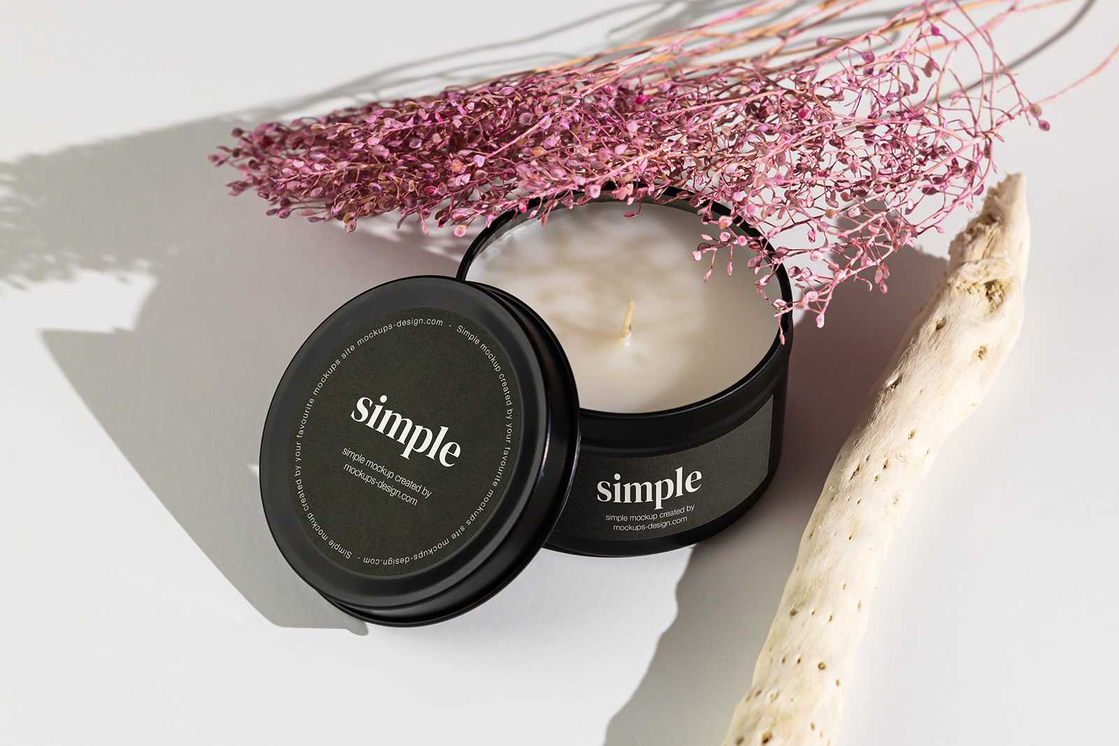 Candle in tin jar on light background mockup
