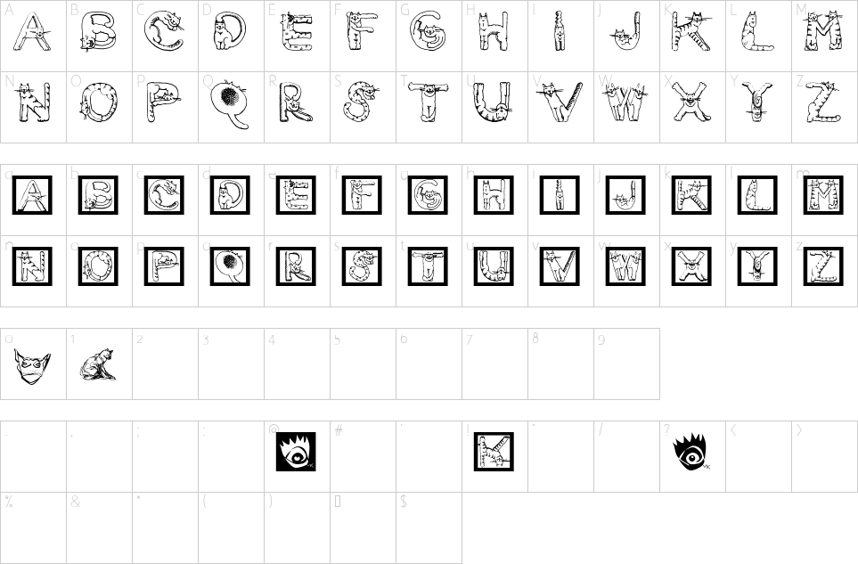 Mapa de caracteres da fonte Cats Alphabet Font
