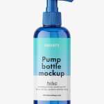 Cosmetic bottle with pump mockup / blue